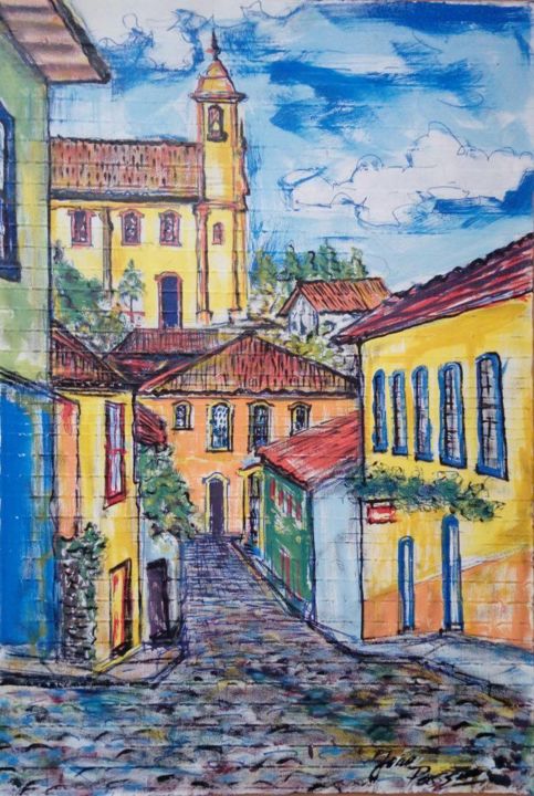Pintura intitulada "village d'or" por Joao Passio, Obras de arte originais, Acrílico