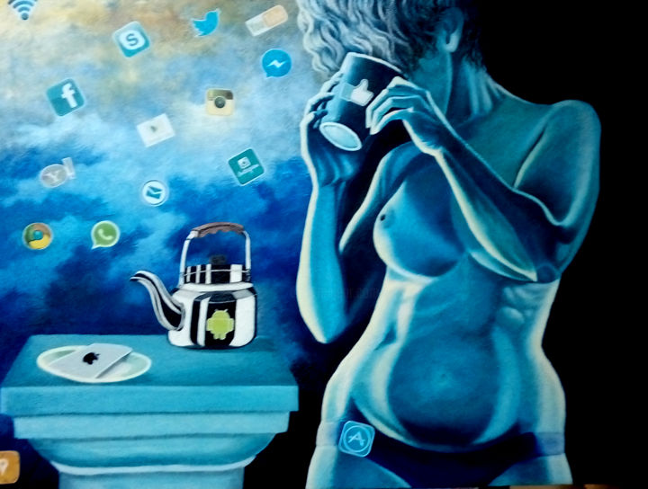 Painting titled "Desayuno digital" by Jocapi, Original Artwork, Acrylic