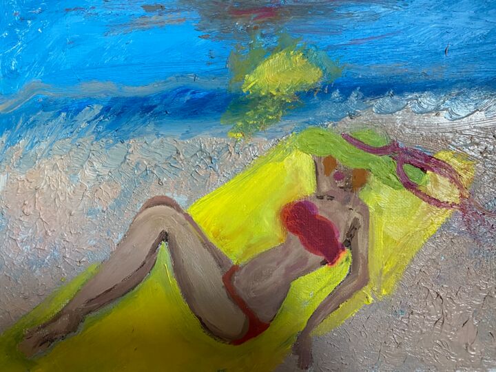 Картина под названием "A nap on the beach" - Jocelyn Blain, Подлинное произведение искусства, Масло