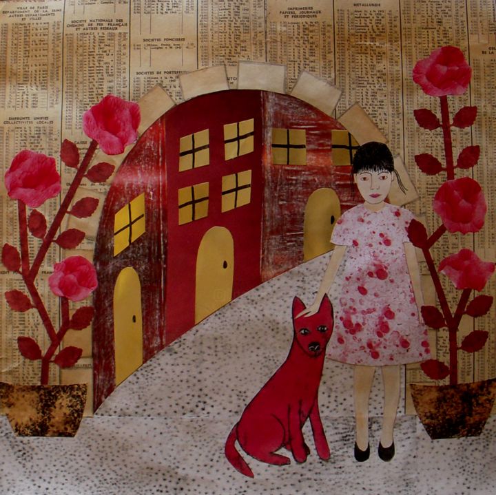 Collages intitulée "fillette-au-chien-r…" par Jocelyne Chambellan, Œuvre d'art originale, Autre