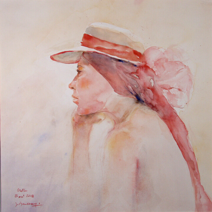 Pintura intitulada "Le Chapeau au voile…" por Jocelyne Chauveau, Obras de arte originais, Aquarela