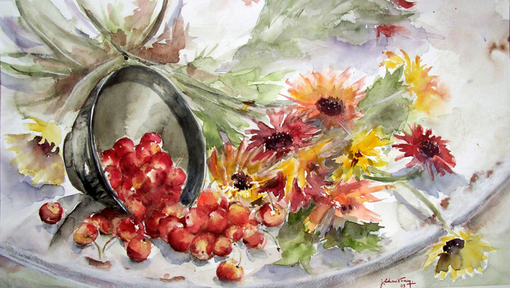 Painting titled "La Table du jardin" by Jocelyne Chauveau, Original Artwork, Oil