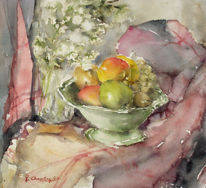 Pittura intitolato "Coupe à la pomme ve…" da Jocelyne Chauveau, Opera d'arte originale, Olio