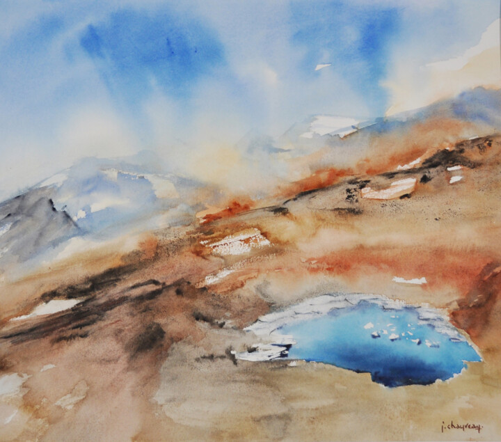 Peinture intitulée "Islande au cœur 1" par Jocelyne Chauveau, Œuvre d'art originale, Aquarelle