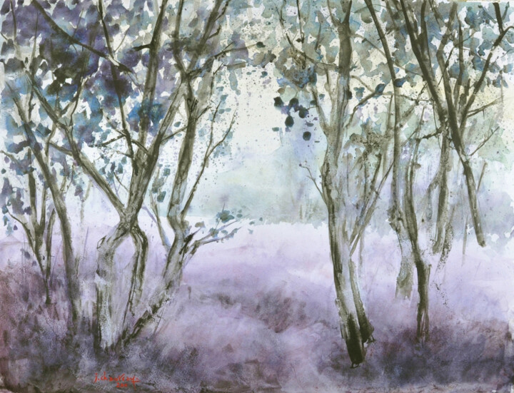 Painting titled "Dansent les arbres" by Jocelyne Chauveau, Original Artwork, Watercolor