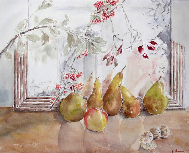 Schilderij getiteld "Les Poires au sorbi…" door Jocelyne Chauveau, Origineel Kunstwerk, Olie