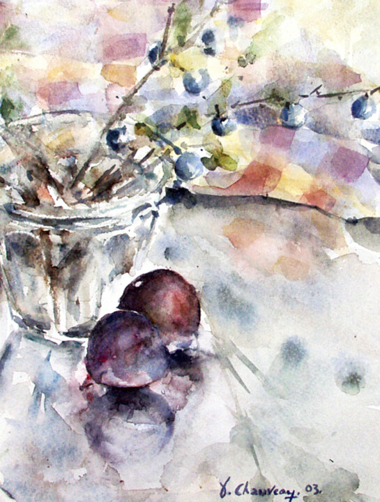 Pintura intitulada "Figues et prunelles" por Jocelyne Chauveau, Obras de arte originais, Óleo