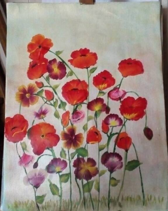 Pintura intitulada "COQUELICOTS DANS LE…" por Jocelyne Perrot, Obras de arte originais, Acrílico