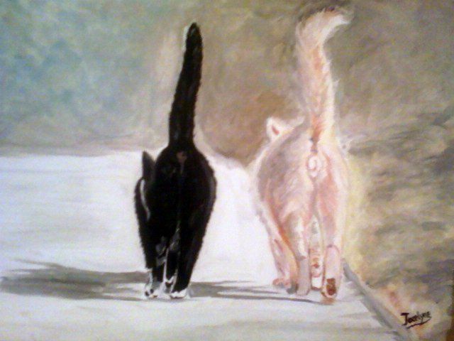 Peinture intitulée "couple-de-chats-en-…" par Jocelyne Richet, Œuvre d'art originale