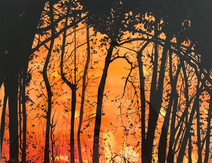 Malerei mit dem Titel "Les Landes brûlent…" von Jocelyne Roujansky, Original-Kunstwerk, Gouache
