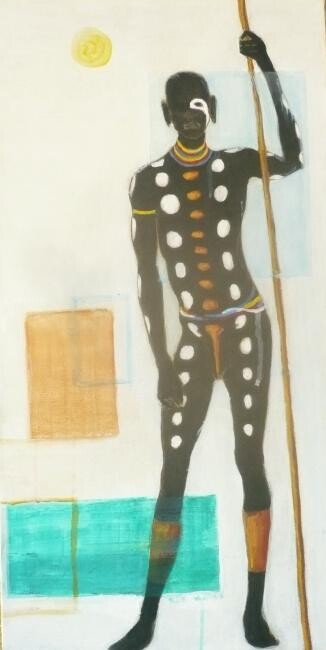 Painting titled "WARRIOR WITH POLE" by Joe Johnson, Original Artwork