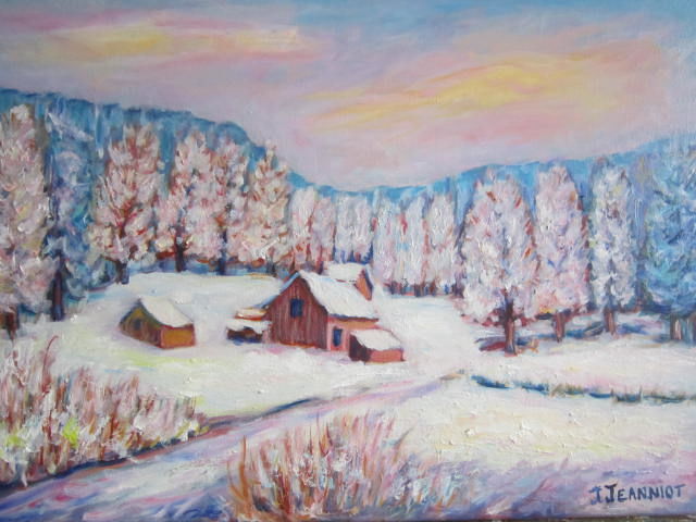 Peinture intitulée "Neige  sur  le  ham…" par Joel Jeanniot, Œuvre d'art originale, Huile