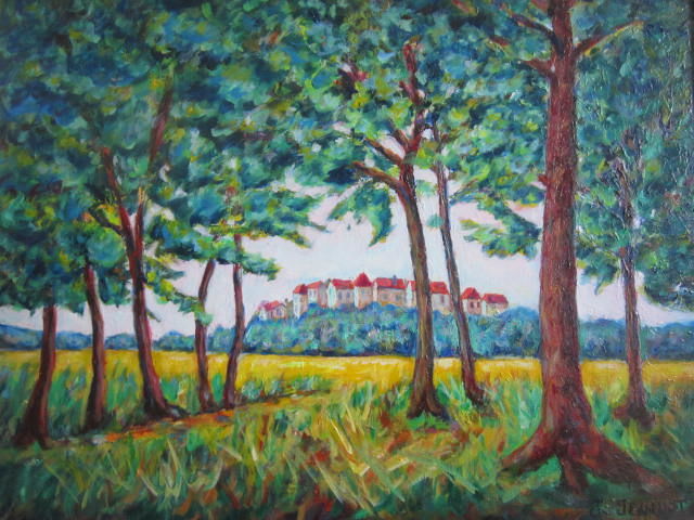 제목이 "A l'orée  du  bois,…"인 미술작품 Joel Jeanniot로, 원작, 기름 나무 들것 프레임에 장착됨