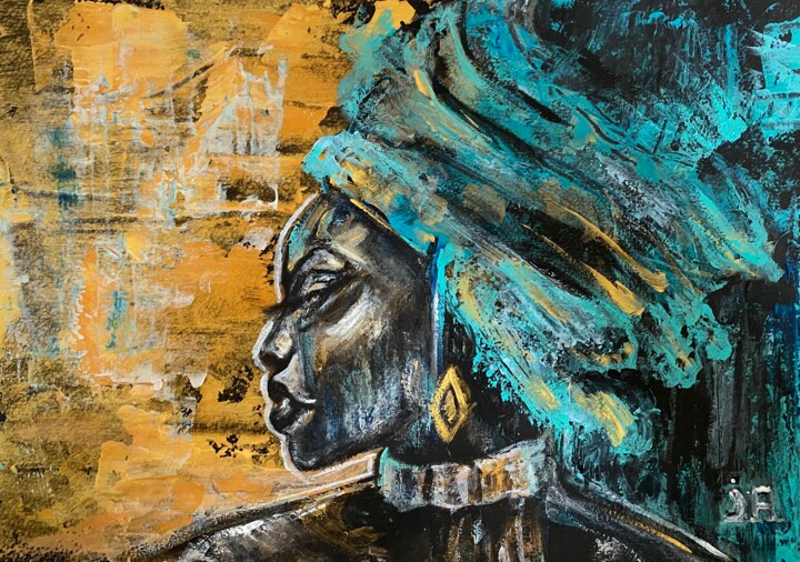 Painting titled "Gold and blue Afric…" by Joele Ardans, Original Artwork, Acrylic