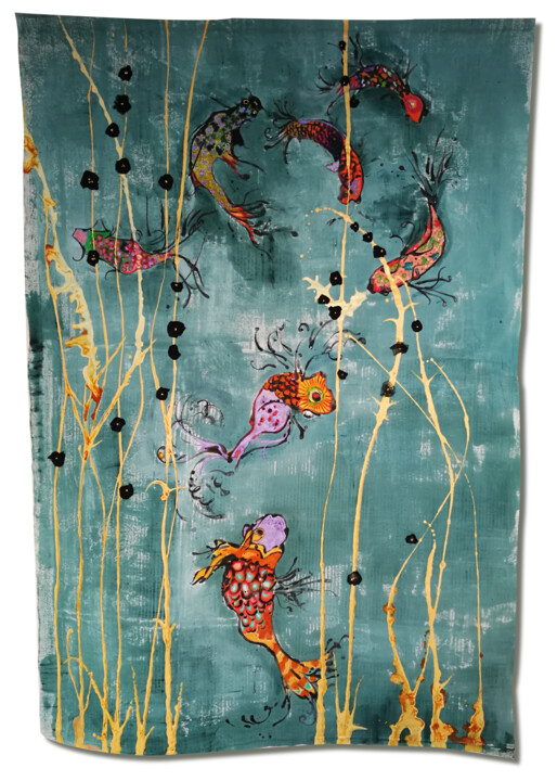 Textile Art titled "tenture poissons ja…" by Joelle Morisset, Original Artwork, Pigments