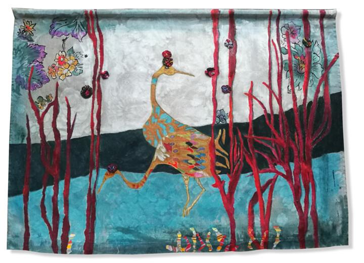 Arte tessile intitolato "tenture oiseaux jap…" da Joelle Morisset, Opera d'arte originale, Inchiostro