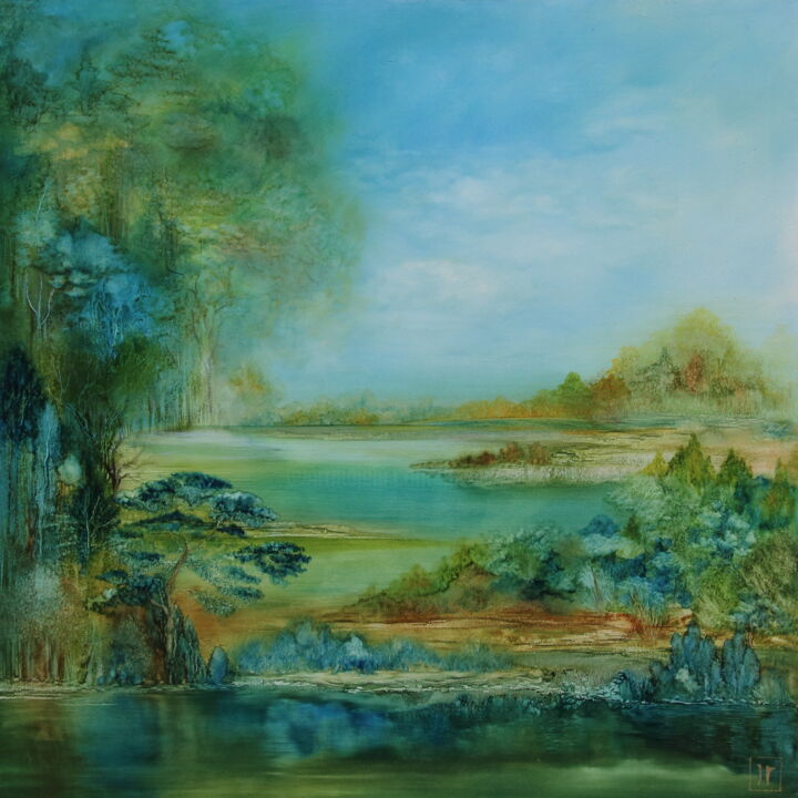Painting titled "Le calme apaisant d…" by Joëlle Rhode, Original Artwork, Oil Mounted on Wood Stretcher frame