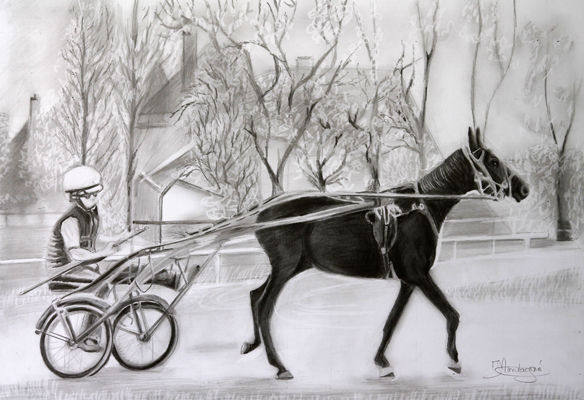 Dessin intitulée "Cheval de course" par Joëlle Montagné, Œuvre d'art originale, Crayon