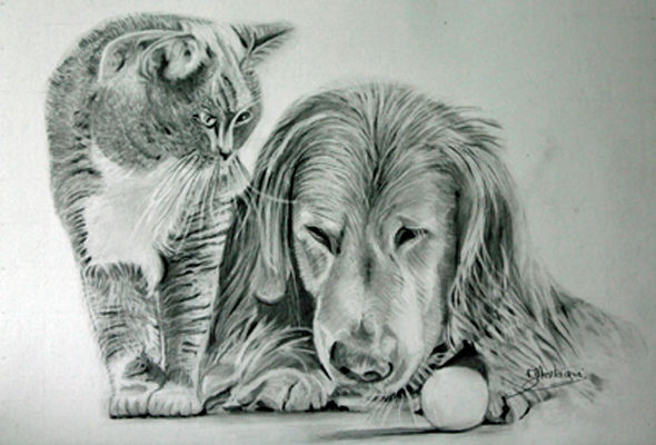 Tekening getiteld "Le chien et le chat" door Joëlle Montagné, Origineel Kunstwerk, Potlood