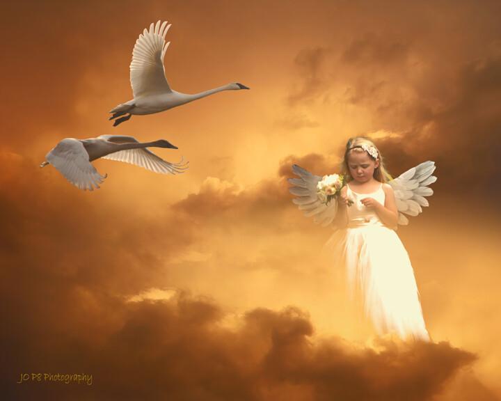 Fotografía titulada "Swans and Angel" por Joe Pate, Obra de arte original, Fotografía manipulada