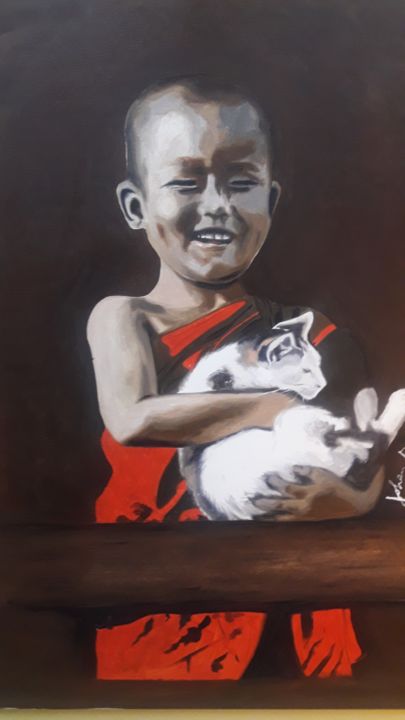 Malerei mit dem Titel "Niño Buda y su gato" von Johan, Original-Kunstwerk, Öl