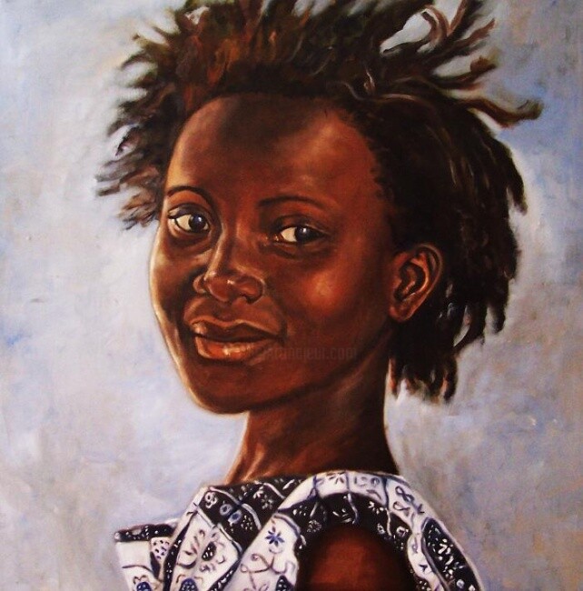 Schilderij getiteld "Afrikaans straatmei…" door Johanna De Groot, Origineel Kunstwerk, Olie