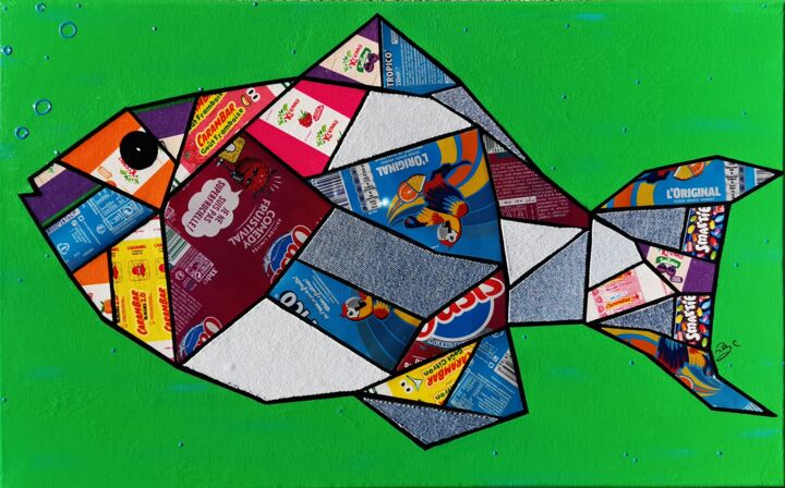 Painting titled "PAUL le poisson per…" by Johanna Meunier, Original Artwork, Acrylic Mounted on Wood Stretcher frame