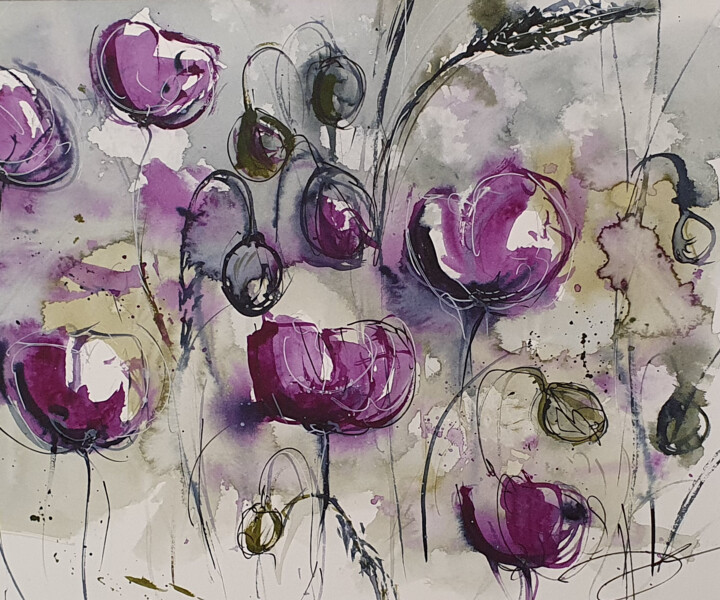 Painting titled "coquelicots" by Johanne Gicquel, Original Artwork, Watercolor