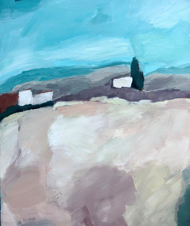 Painting titled "Hameau et cyprès" by Johanne Spinella, Original Artwork, Acrylic