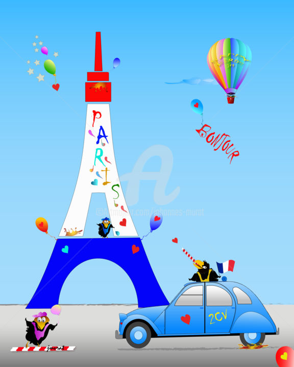 Digital Arts titled "Happy Birds Paris J…" by Johannes Murat, Original Artwork, Digital Painting