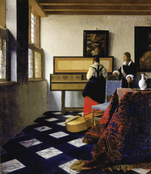 "Dame au Virginal av…" başlıklı Tablo Johannes Vermeer tarafından, Orijinal sanat, Petrol