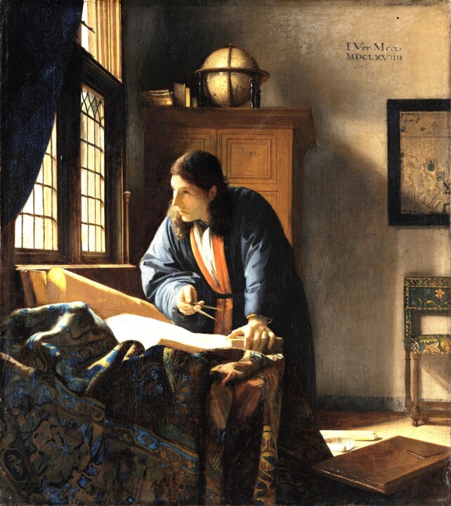 Pintura intitulada "The Geographer" por Johannes Vermeer, Obras de arte originais, Óleo