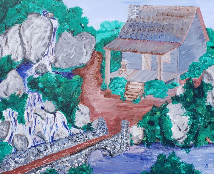 Pintura intitulada "Cabin by the falls" por John Morrison, Obras de arte originais, Acrílico Montado em Armação em madeira