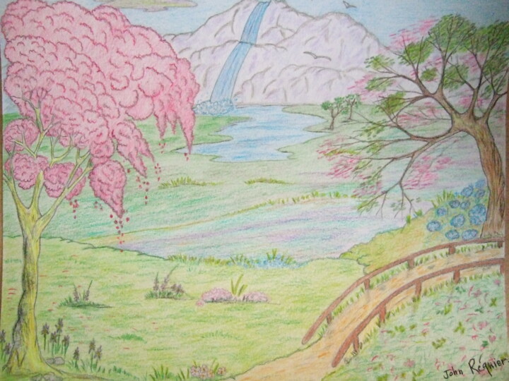 Dessin intitulée "Paysage de nature e…" par John Regnier, Œuvre d'art originale, Crayon Monté sur Verre