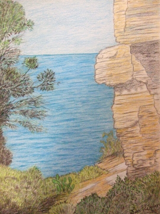 Dessin intitulée "La côte bleue" par John Regnier, Œuvre d'art originale, Crayon Monté sur Verre