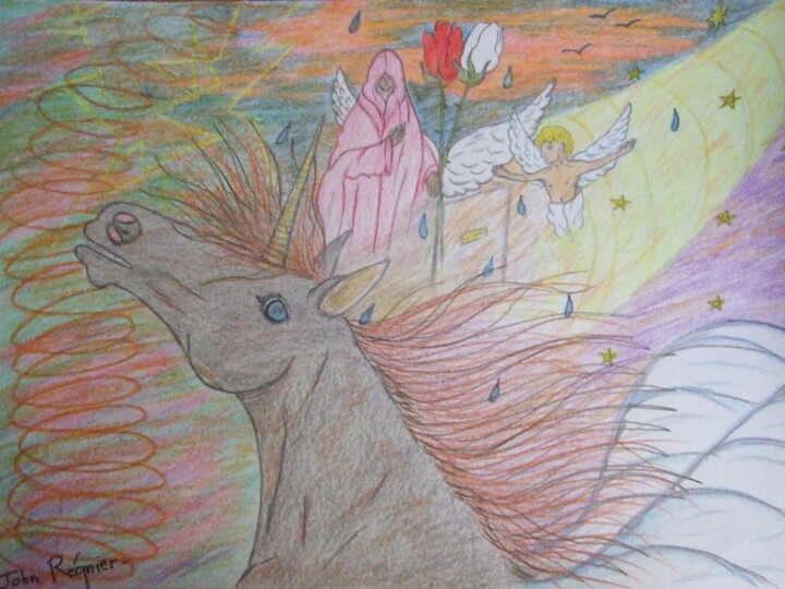 Dessin intitulée "La délivrance terre…" par John Regnier, Œuvre d'art originale, Crayon Monté sur Verre