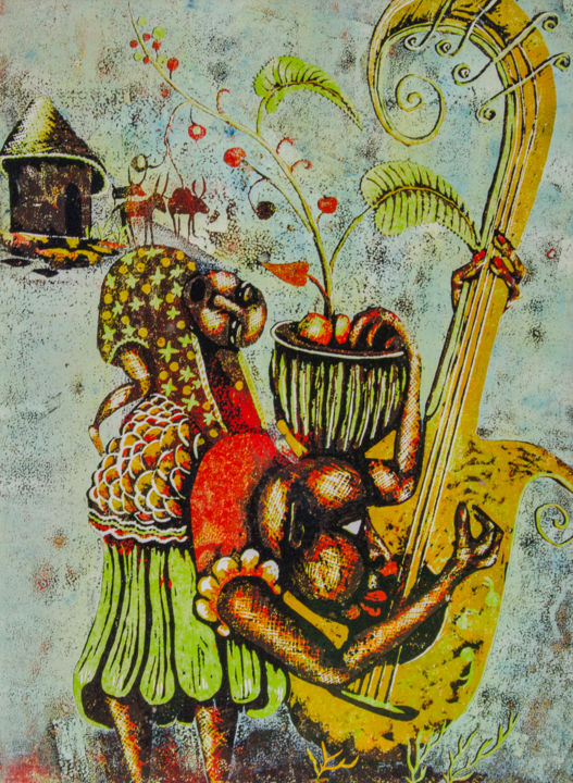 Printmaking titled "The song of my love" by John Silver Kimani, Original Artwork, Xylography