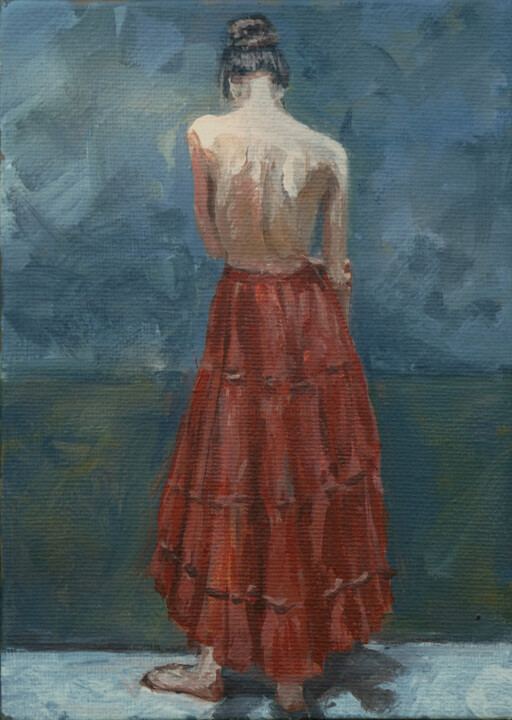 Malerei mit dem Titel "The Red Skirt" von John Vesty, Original-Kunstwerk, Öl