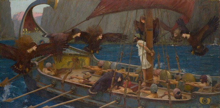 Pittura intitolato "Ulysse et les Sirèn…" da John William Waterhouse, Opera d'arte originale, Olio