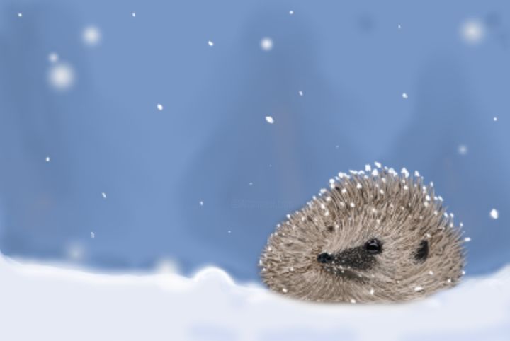 Цифровое искусство под названием "Hedgehog in the snow" - Withy Fox, Подлинное произведение искусства, Цифровая живопись