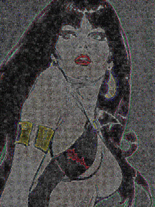 Schilderij getiteld "Vampirella-M-Collage" door Johnlijo Bluefish, Origineel Kunstwerk, Olie