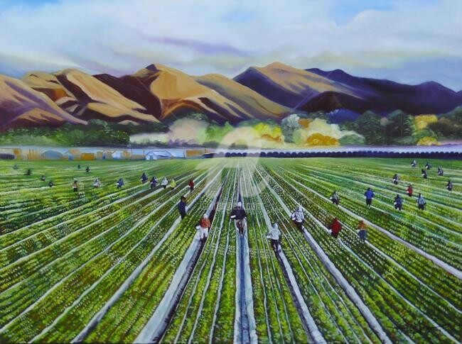 Malerei mit dem Titel "Strawberry Fields" von Johnny E.S.J. Otilano, Original-Kunstwerk, Öl