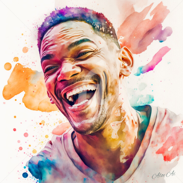 "Will Smith joyful" başlıklı Dijital Sanat Aloe Ai tarafından, Orijinal sanat, Suluboya
