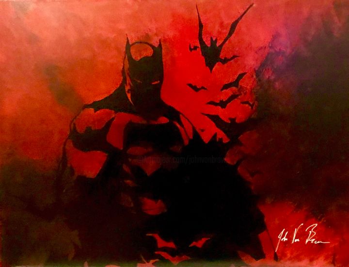 Schilderij getiteld "Red Batman" door John Von Brown, Origineel Kunstwerk, Inkt