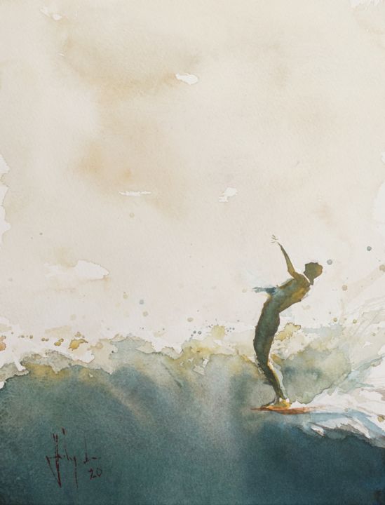 Schilderij getiteld "Dreaming 2 / surf a…" door Johny Vieira, Origineel Kunstwerk, Aquarel