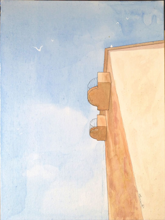 Pittura intitolato "Balcon vue sur la m…" da Laurent Pellé, Opera d'arte originale, Acquarello Montato su Cartone