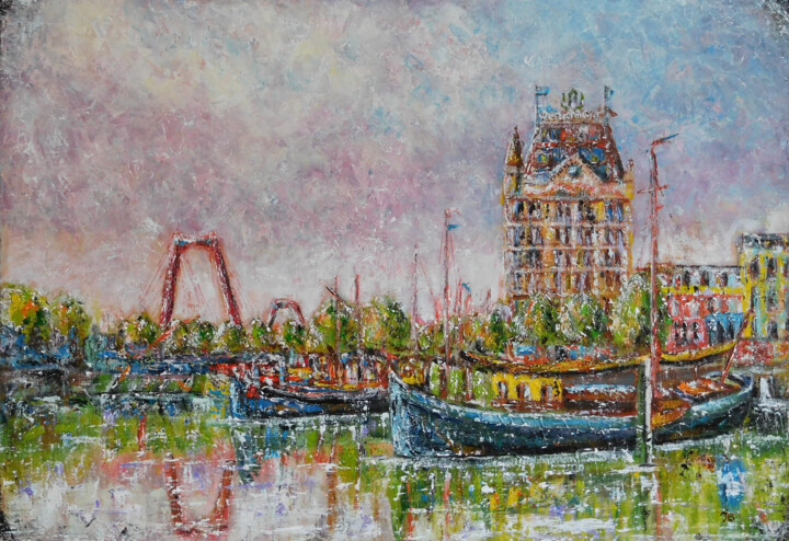 Painting titled "Rotterdam Oude Have…" by Joke Bennis, Original Artwork, Oil Mounted on Aluminium