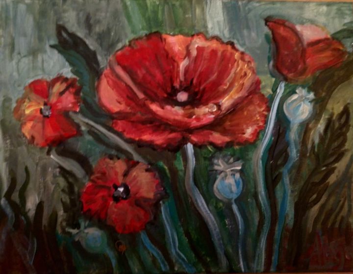 Painting titled "Poppies" by Angelė Drėgvienė, Original Artwork, Acrylic