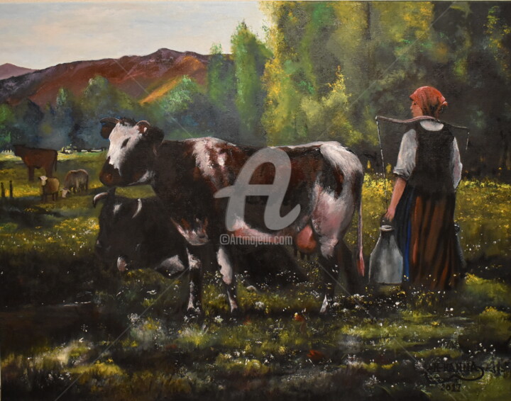 Peinture intitulée "peinture vaches et…" par Joky, Œuvre d'art originale, Huile