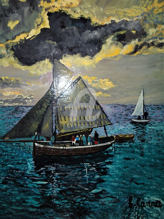 Painting titled "Landscape sea sailb…" by Joky, Original Artwork, Oil